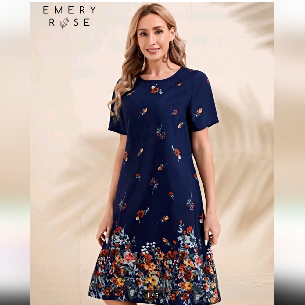 Emery Rose Women's Size XL Floral Print Tunic Navy  Dress